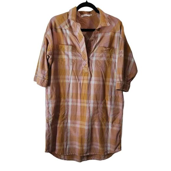 PrAna Deryn Champagne Plaid Roll Tab Sleeve Dress Large Active Camping Outdoors - Picture 2 of 16